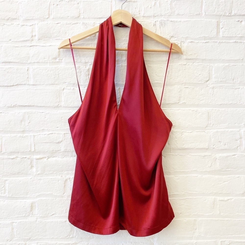 Theory || Ertil Convertible Cross Front Plunge Silk Halter Top Red‎ Dahlia L NWT